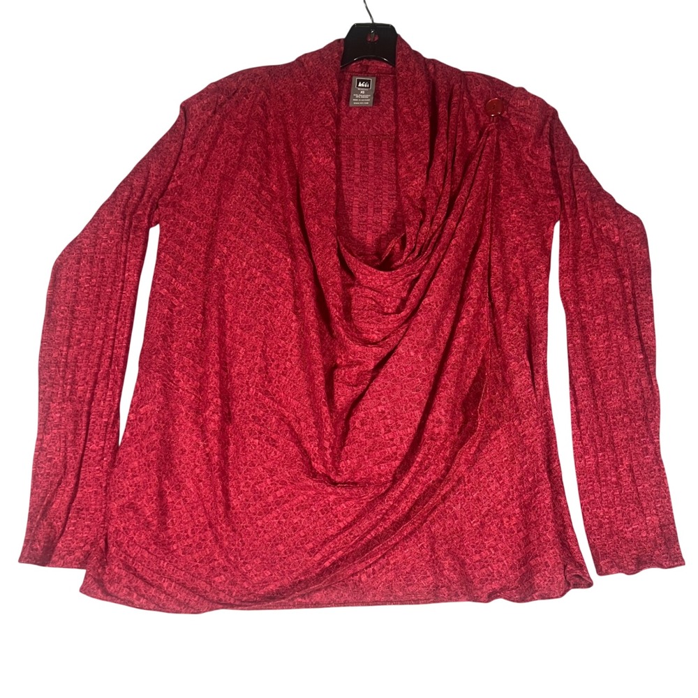 REI Womens XS Red Cowl Neck Wrap Long Sleeve Knit Top Button Detail RN37249